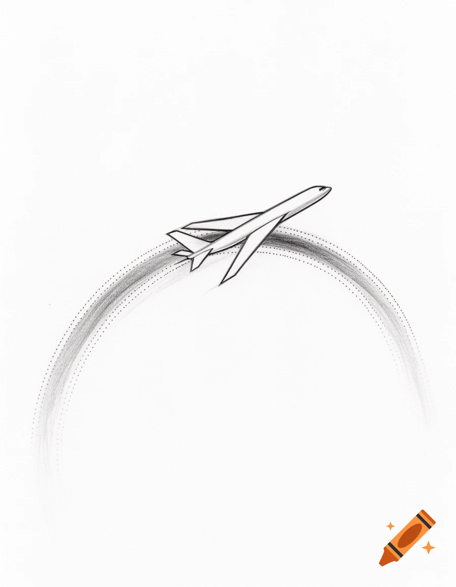 A minimalist pencil drawing of a simplified airplane flying over a dotted arc.