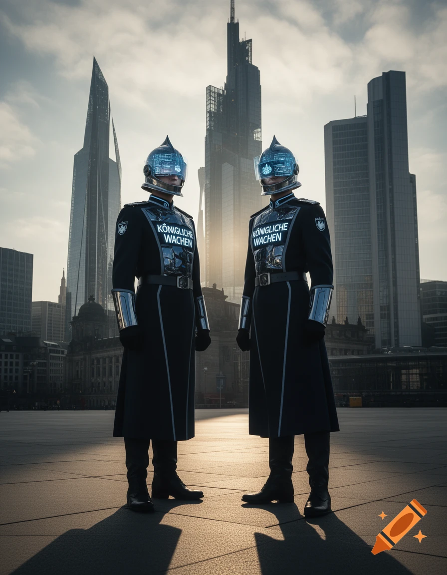 Two futuristic guards in elaborate dark uniforms and helmets with glowing interfaces stand on a plaza in a modern cityscape.