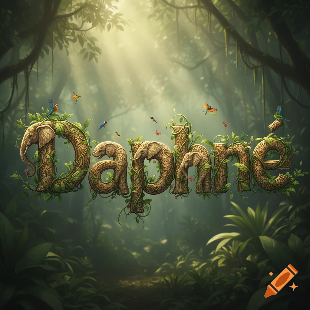 The name "Daphne" is spelled out in large, wood-like letters adorned with vines, featuring elephants integrated into their shapes, set against a lush, sun-dappled jungle background with small colorful birds flying around.