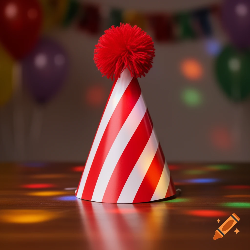 A red and white striped party hat with a red pompom sits on a wooden table, with blurred balloons and colorful lights in the background.