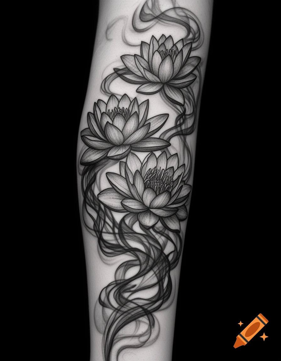 Black and grey tattoo of three lotus flowers with swirling abstract smoke lines on an arm.