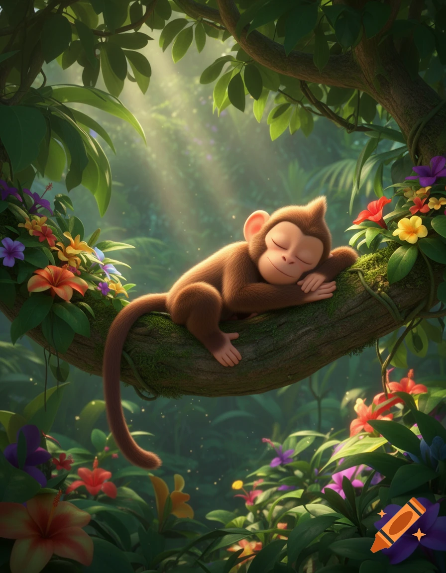 A cute cartoon monkey sleeps peacefully on a tree branch in a vibrant jungle, surrounded by colorful flowers and sunlight.