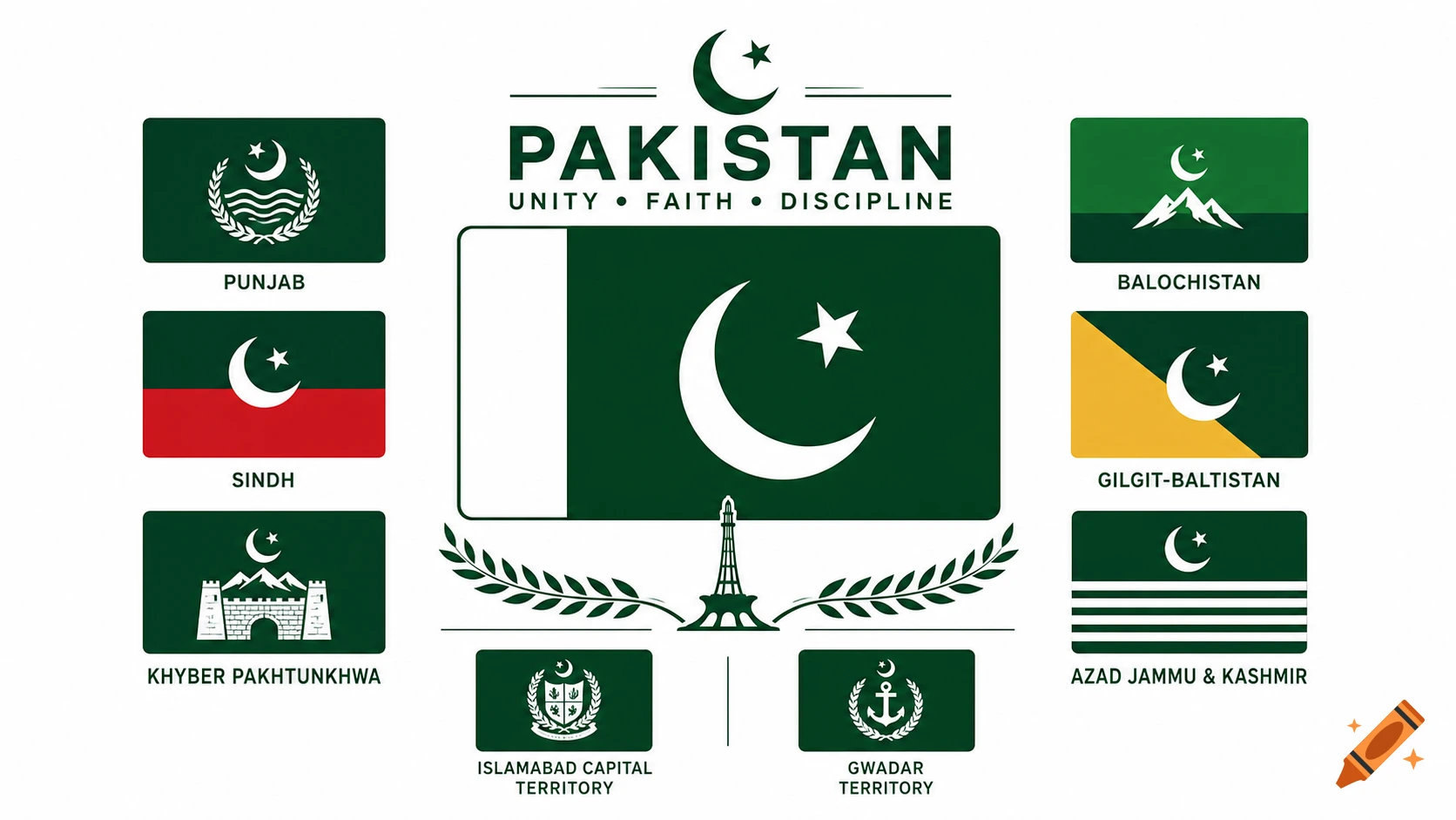 A graphic display of Pakistan's national flag and emblems for its provinces and territories, featuring crescent and star designs.