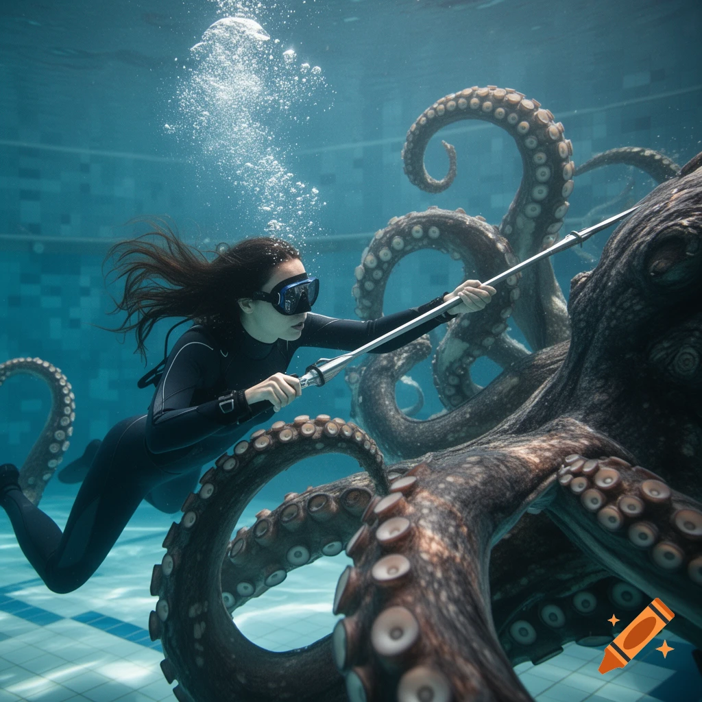 A woman in a wetsuit and goggles aims a spear at an octopus underwater in a tiled pool, with bubbles rising.