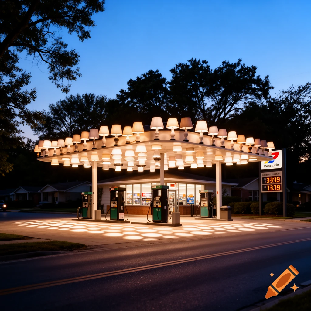 A photorealistic image of a gas station at dusk, its canopy and supports covered in numerous glowing lampshades, casting patterned light on the ground.