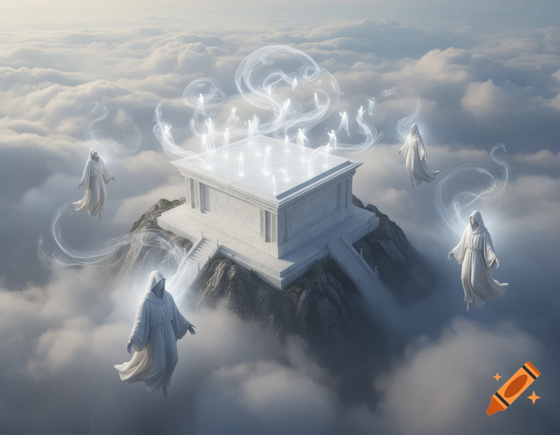 A grand white marble altar on a mountain peak floats among clouds, surrounded by glowing hooded figures. Ethereal souls rise from the altar.