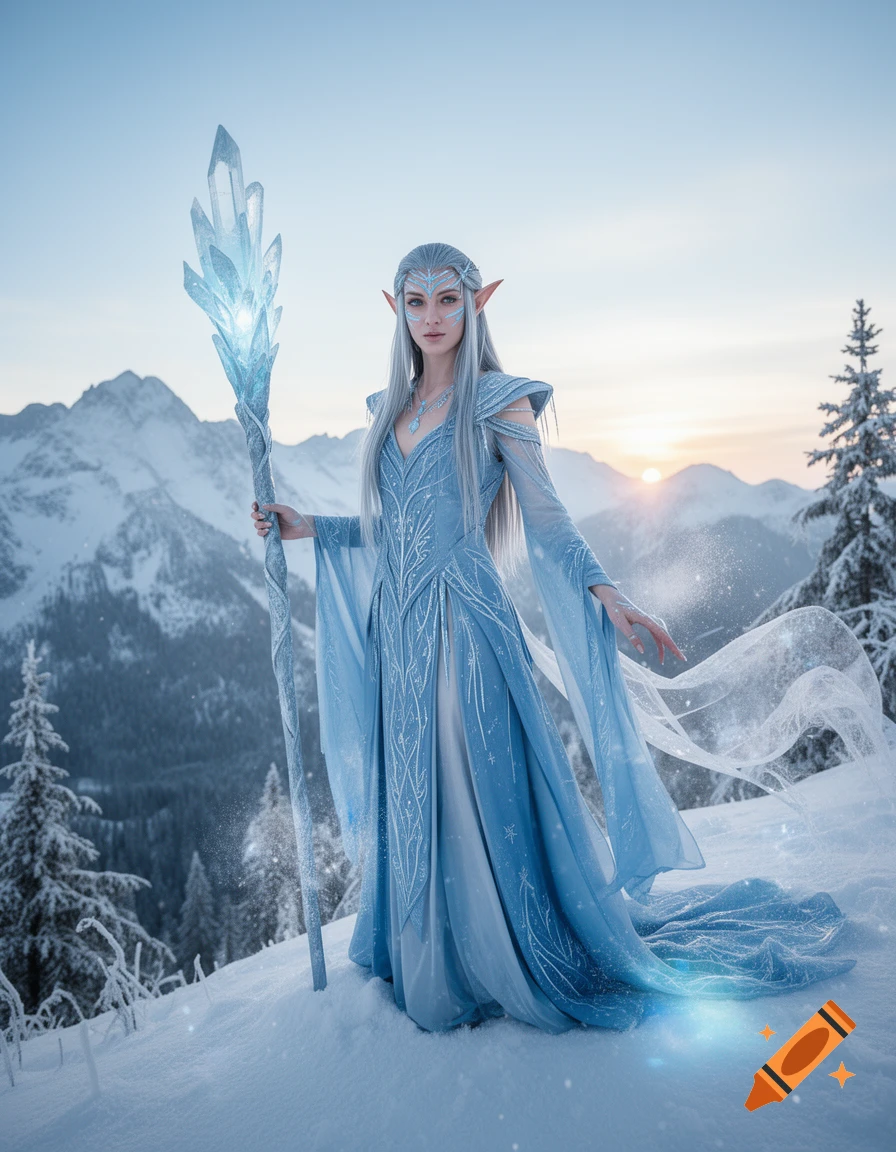 Photorealistic frost elf mage in a blue gown, holding an icy staff, stands in a snowy mountain landscape at sunset.