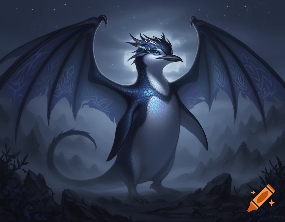 A majestic blue and white penguin-dragon creature with large patterned wings and a long tail stands under a moonlit, starry night sky with mountains in the background.