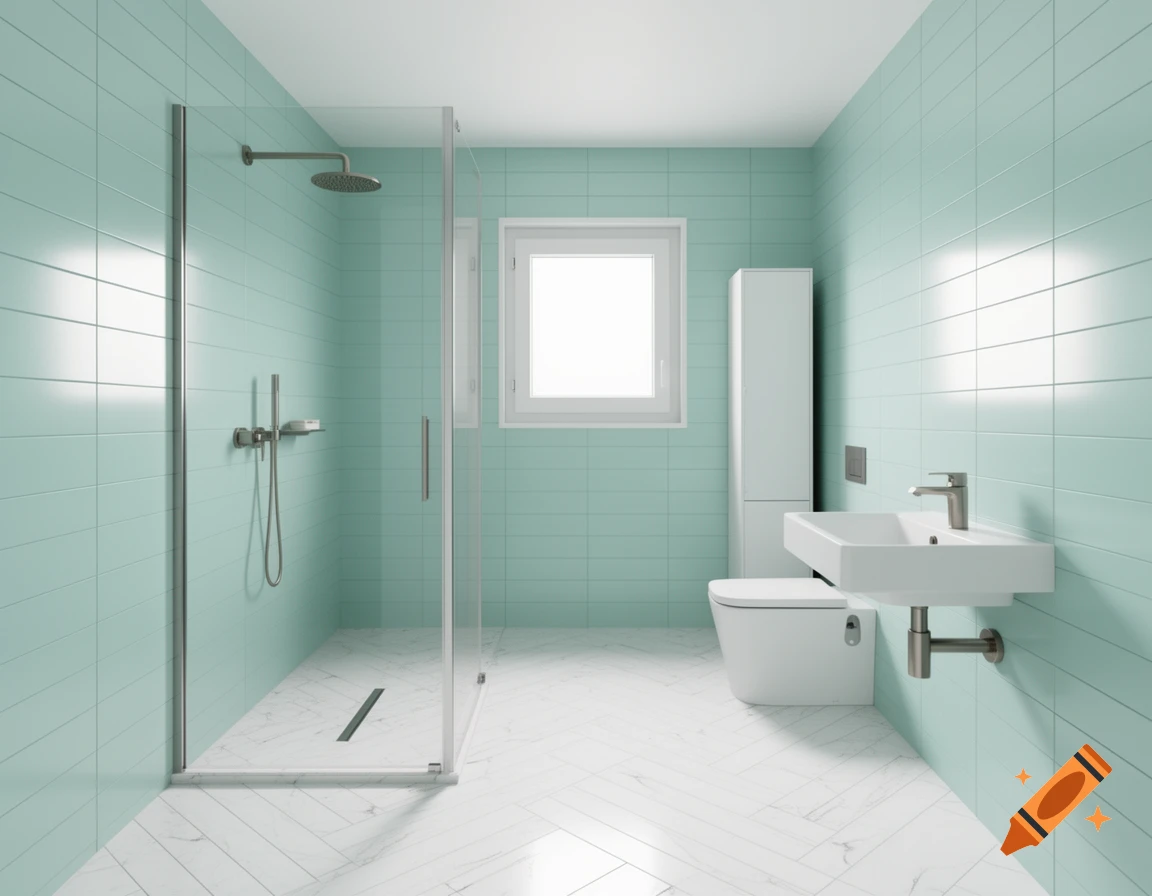 A modern bathroom with pastel turquoise tiled walls, white diagonal marble floor tiles, a white sink, toilet, and a glass-enclosed shower.