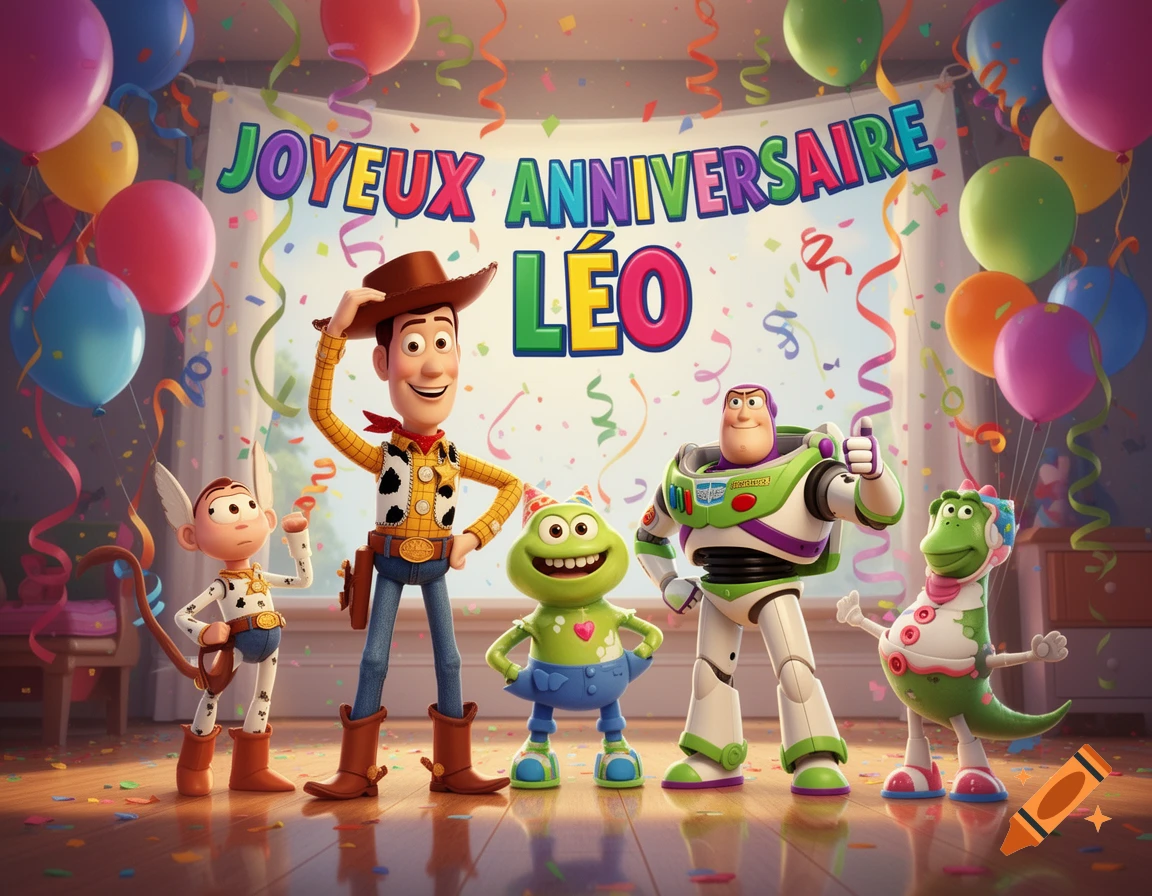 Toy Story characters Woody, Buzz, and others celebrate a birthday party with balloons, confetti, and a 'Joyeux Anniversaire Léo' banner.