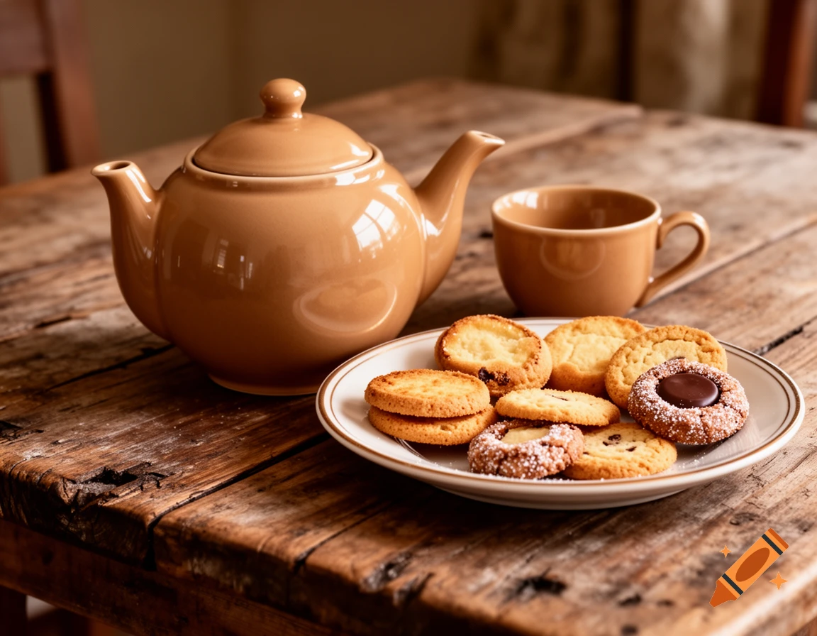 Light brown teapot and teacup next to a white plate piled with various cookies on an old wooden table.