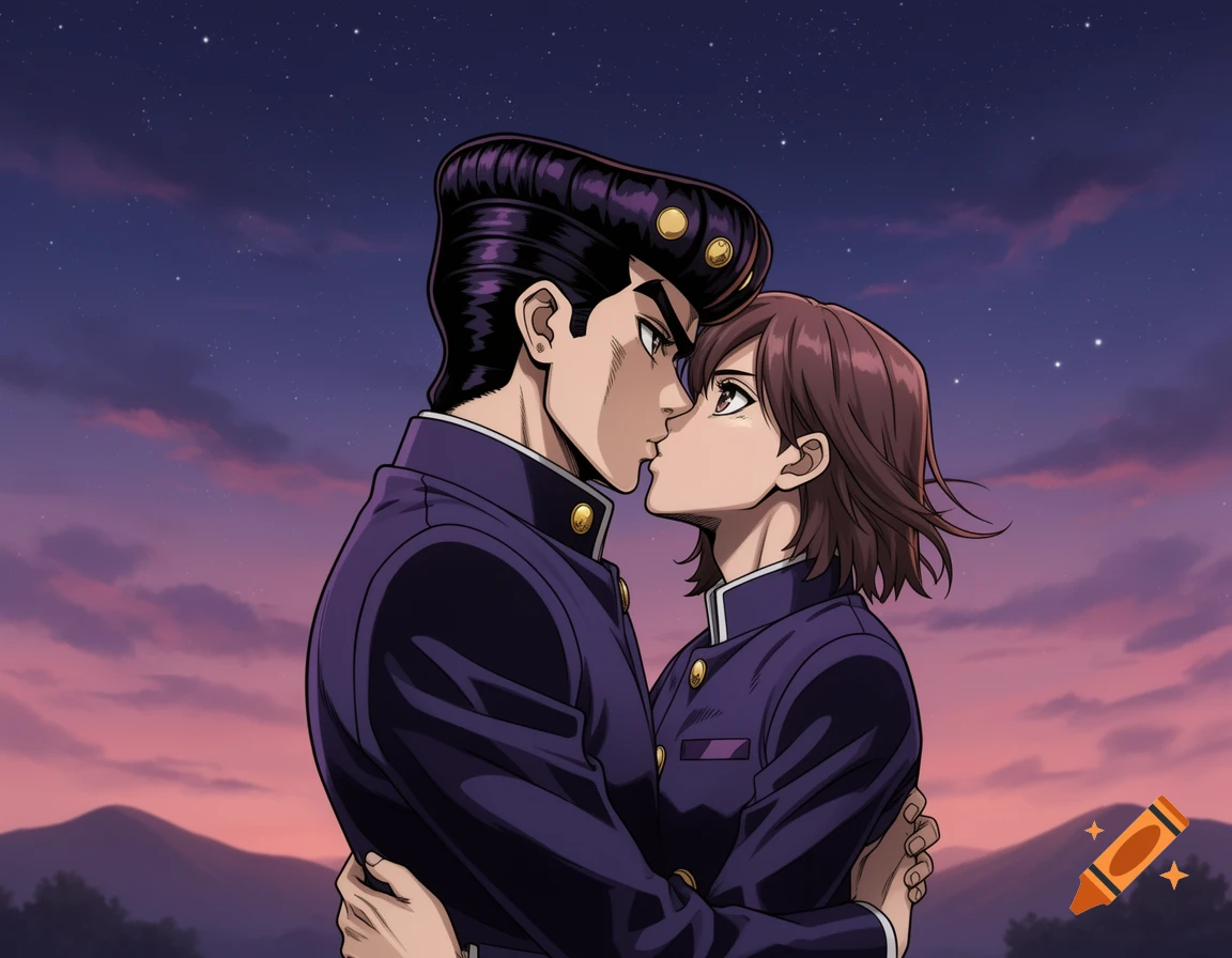 Two anime characters, a man with a tall pompadour and a woman with short brown hair, kiss under a star-filled twilight sky.