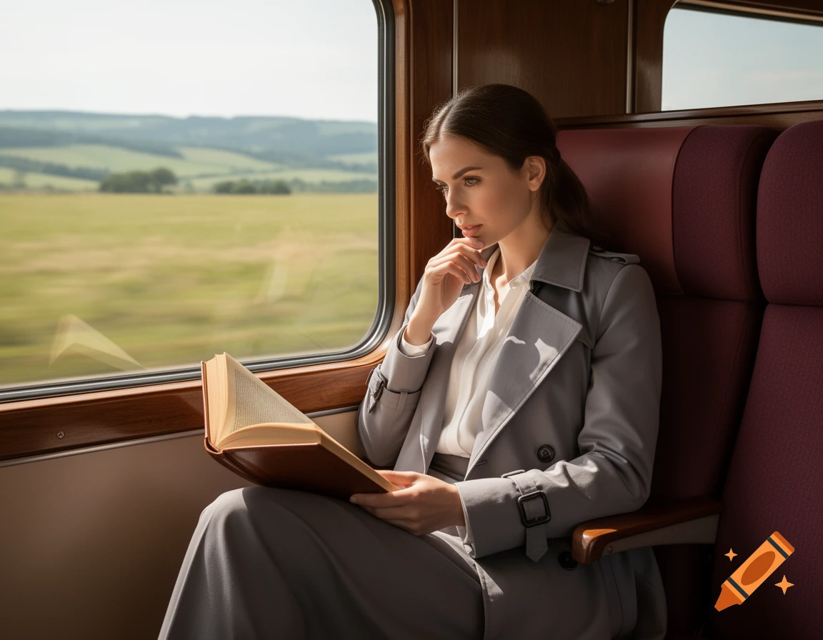 A woman in a gray trench coat reads a book by the window of a moving train, with blurred green fields outside.