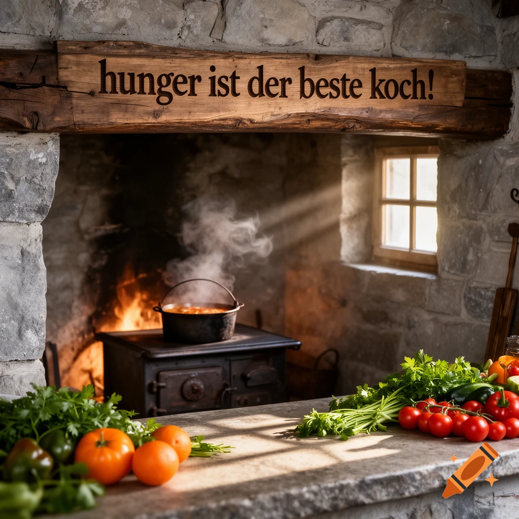 A rustic kitchen scene with a wooden sign saying "hunger ist der beste koch!" above a stove with a boiling pot and fresh vegetables on a stone counter.