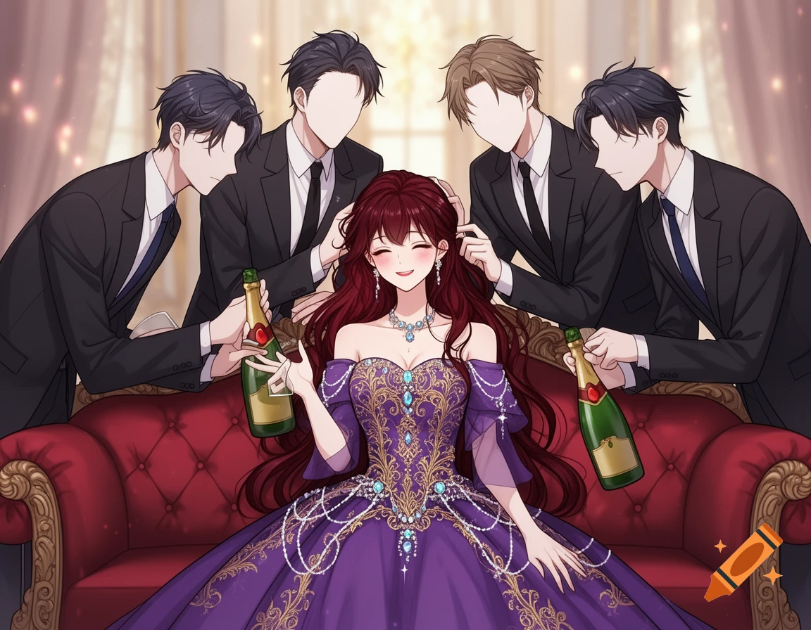 A smiling woman with red hair in a luxurious purple gown sits on a red sofa, surrounded by five faceless men in suits, some offering champagne, in a manhwa illustration style.