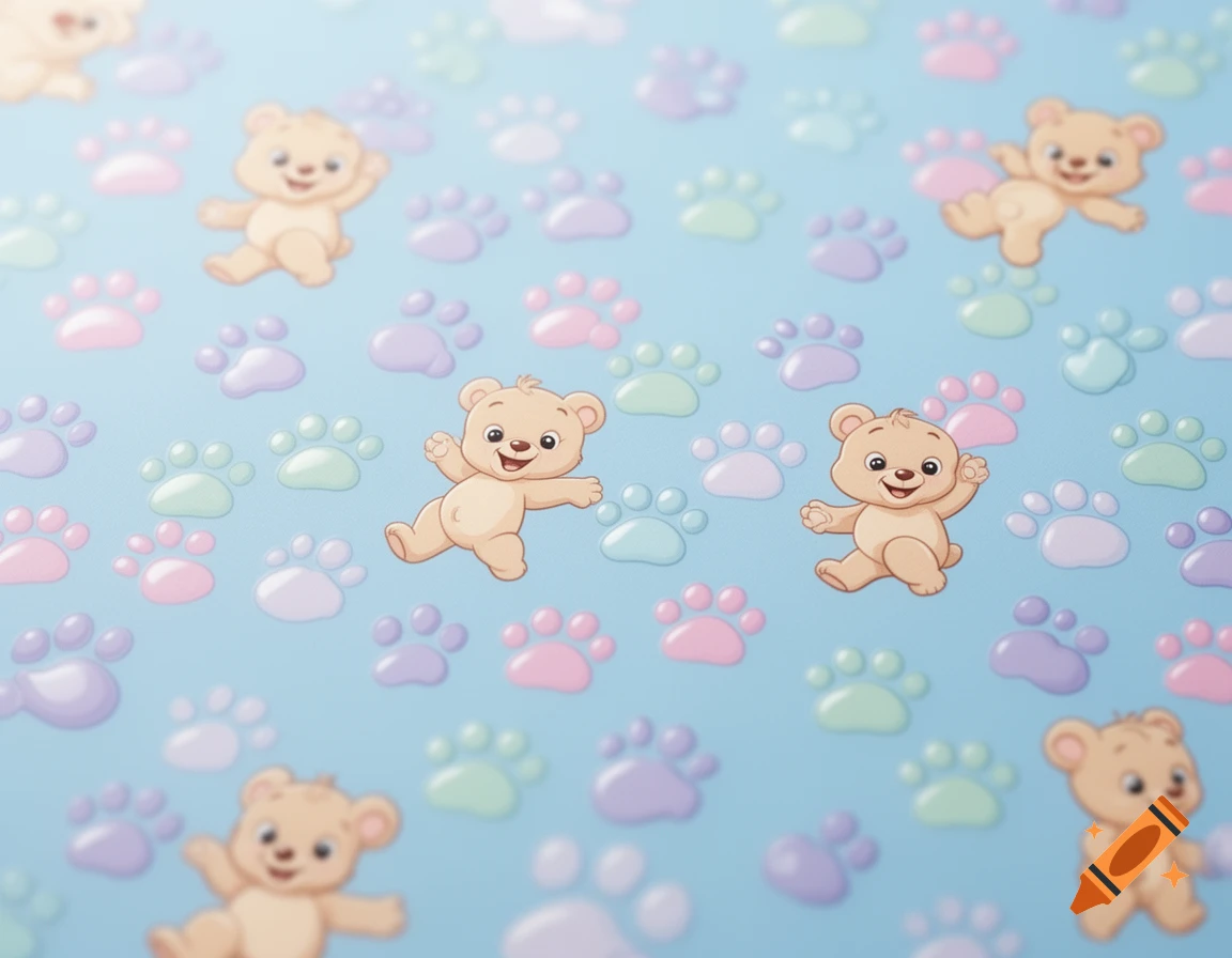 Cute cartoon teddy bears and colorful paw print pattern on a light blue background.