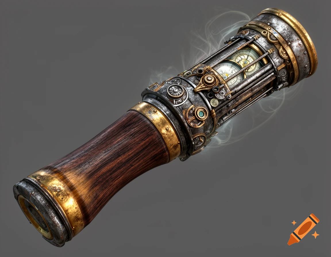 A highly detailed steampunk-inspired science-fiction tool with a dark wooden handle, aged metal body, intricate gears, and glowing wisps.