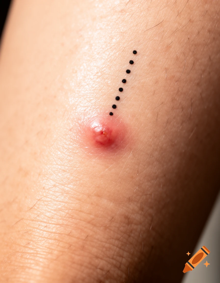 Close-up of human skin with a red, inflamed bump and a vertical line of black dots.