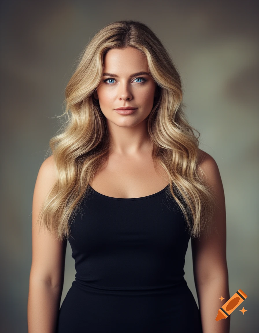 Photorealistic portrait of a woman with long blonde wavy hair and blue eyes, wearing a black tank top, looking directly at the viewer.