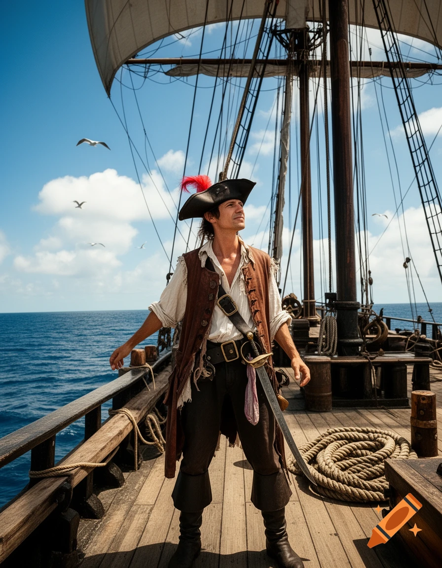A male pirate in a feathered tricorn hat and leather vest stands on a wooden ship deck, looking up at the sails against a blue sky.