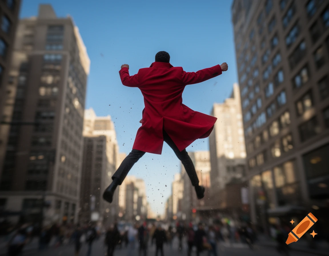 A man in a vibrant red coat jumps high in the middle of a blurred city street with tall buildings and people below.