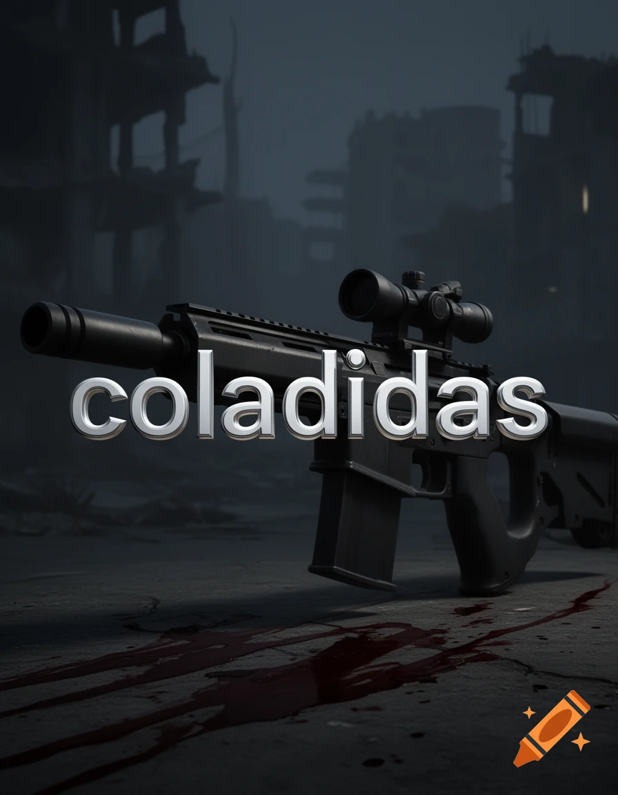 A sniper rifle with a scope and the word 'coladidas' in 3D silver text, set against a dark, ruined background with bloodstains.