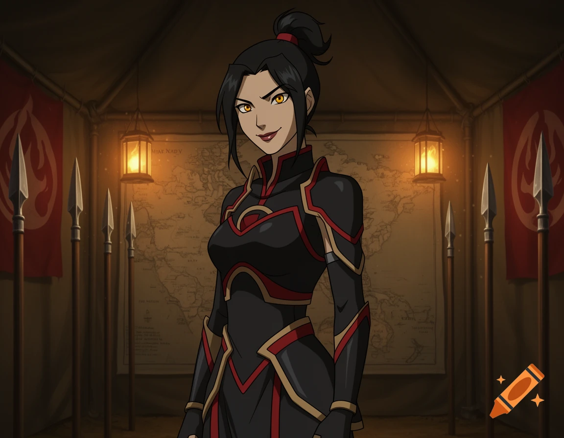 Azula from Avatar: The Last Airbender, in her black and red Fire Nation uniform, stands in a tent with a map and spears in anime style.