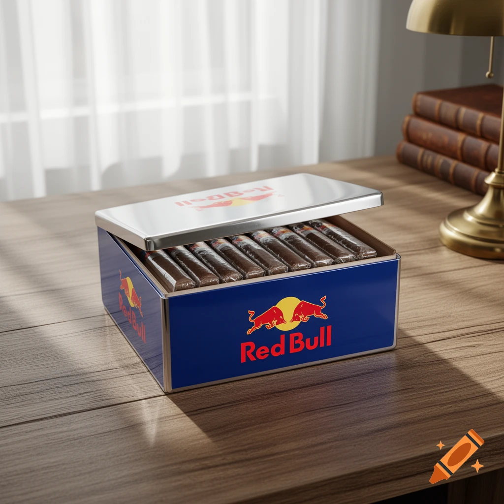 An open Red Bull branded cigar box filled with cigars rests on a wooden desk, photorealistic.