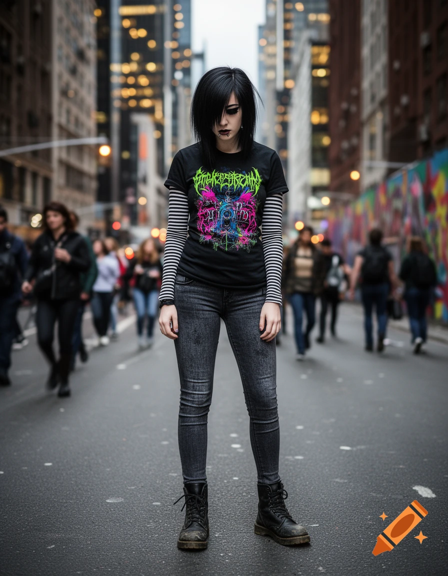 An emogirl with dark hair and makeup, wearing a graphic tee, striped sleeves, jeans, and combat boots, stands on a city street.