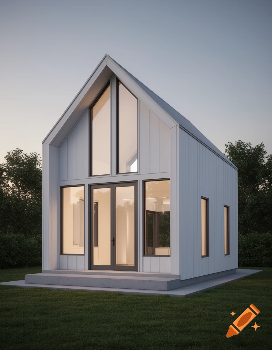 A modern white A-frame house with large windows and a concrete foundation, surrounded by grass and trees at twilight.