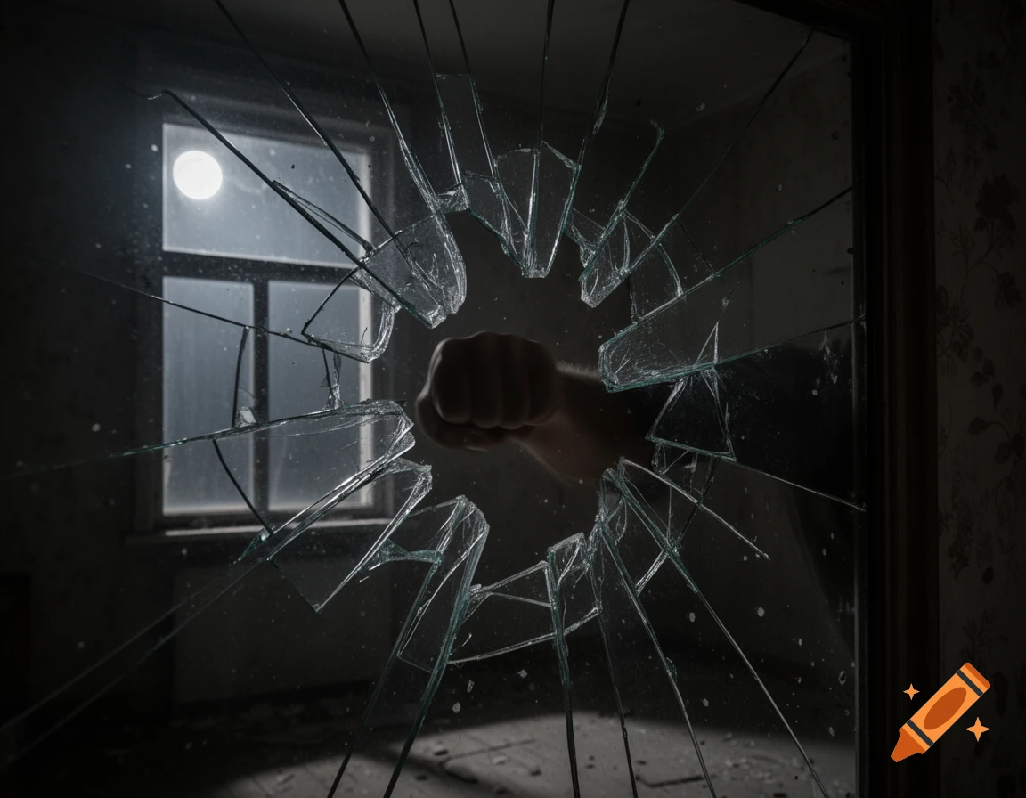 A clenched fist punches through a broken glass pane in a dark room, with a full moon visible through a window.