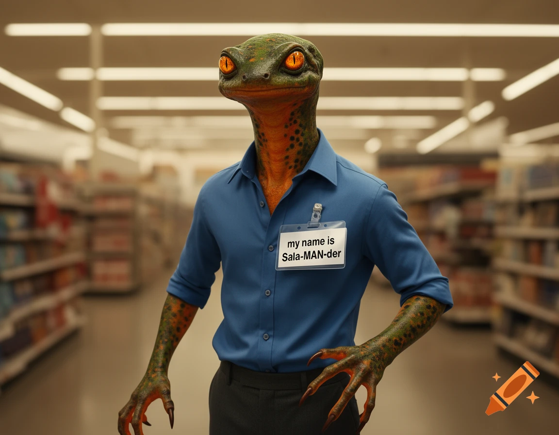 Photorealistic image of a salamander-headed man wearing a blue shirt and a name tag that reads 'my name is Sala-MAN-der', standing in a supermarket aisle.