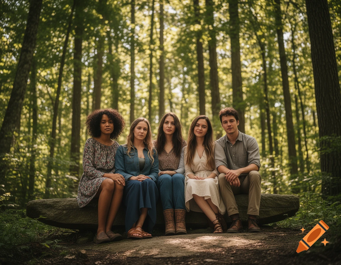 Five young adults sit on a rock in a sunlit forest, looking at the camera in a photorealistic style.