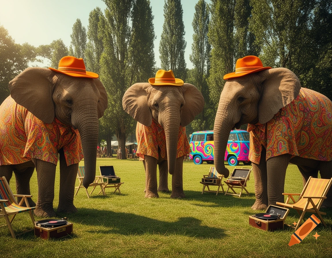 Three elephants in paisley shirts and orange hats stand on a grassy lawn with a psychedelic van and record players, evoking a 1970s festival.