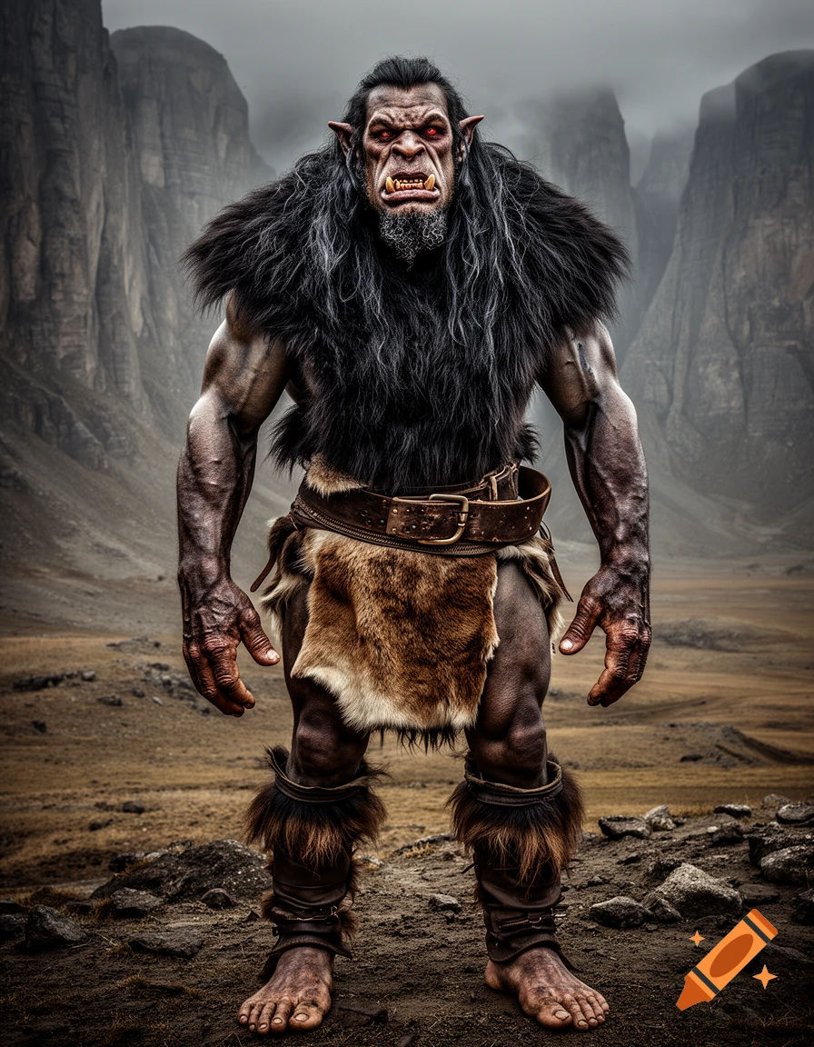 A muscular, dark-furred Orc warrior with red eyes stands in a barren mountain landscape.