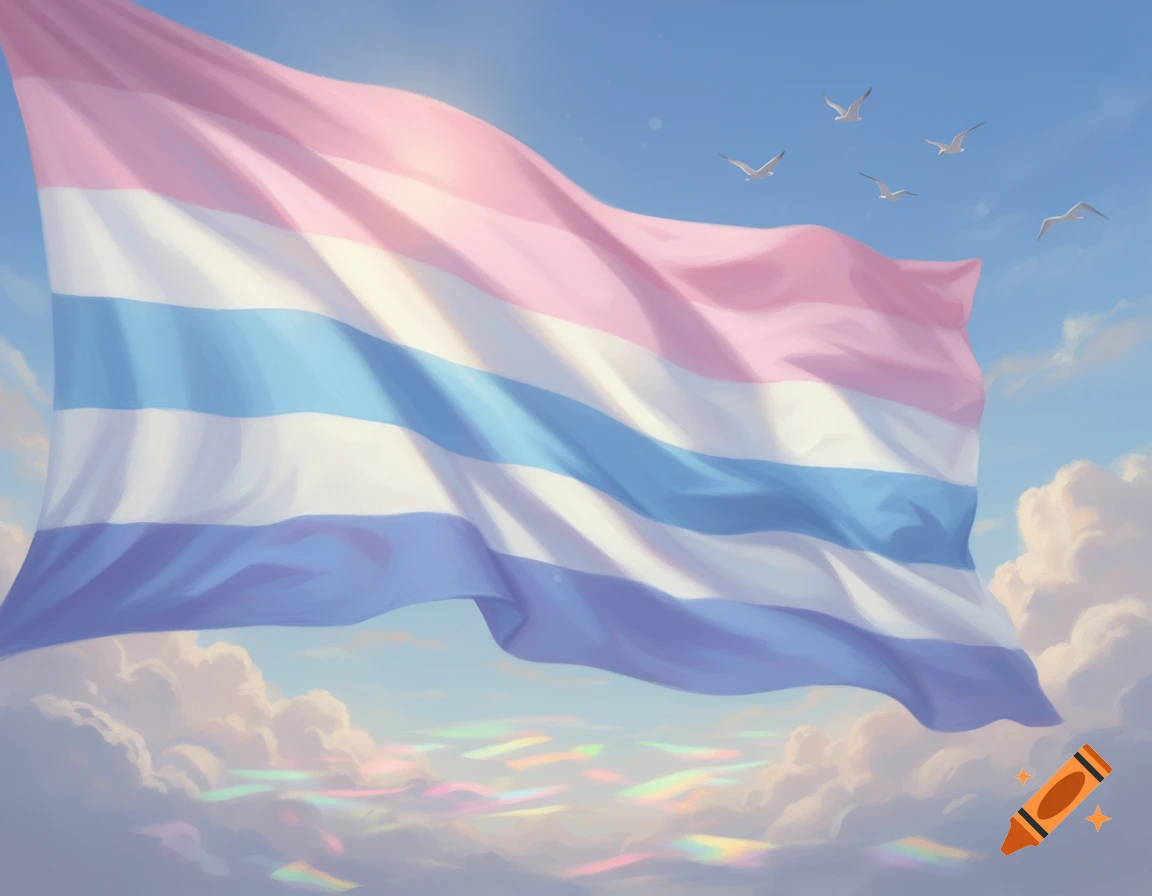 A transgender pride flag waves in a blue sky with white clouds, birds flying, and colorful light reflections below.