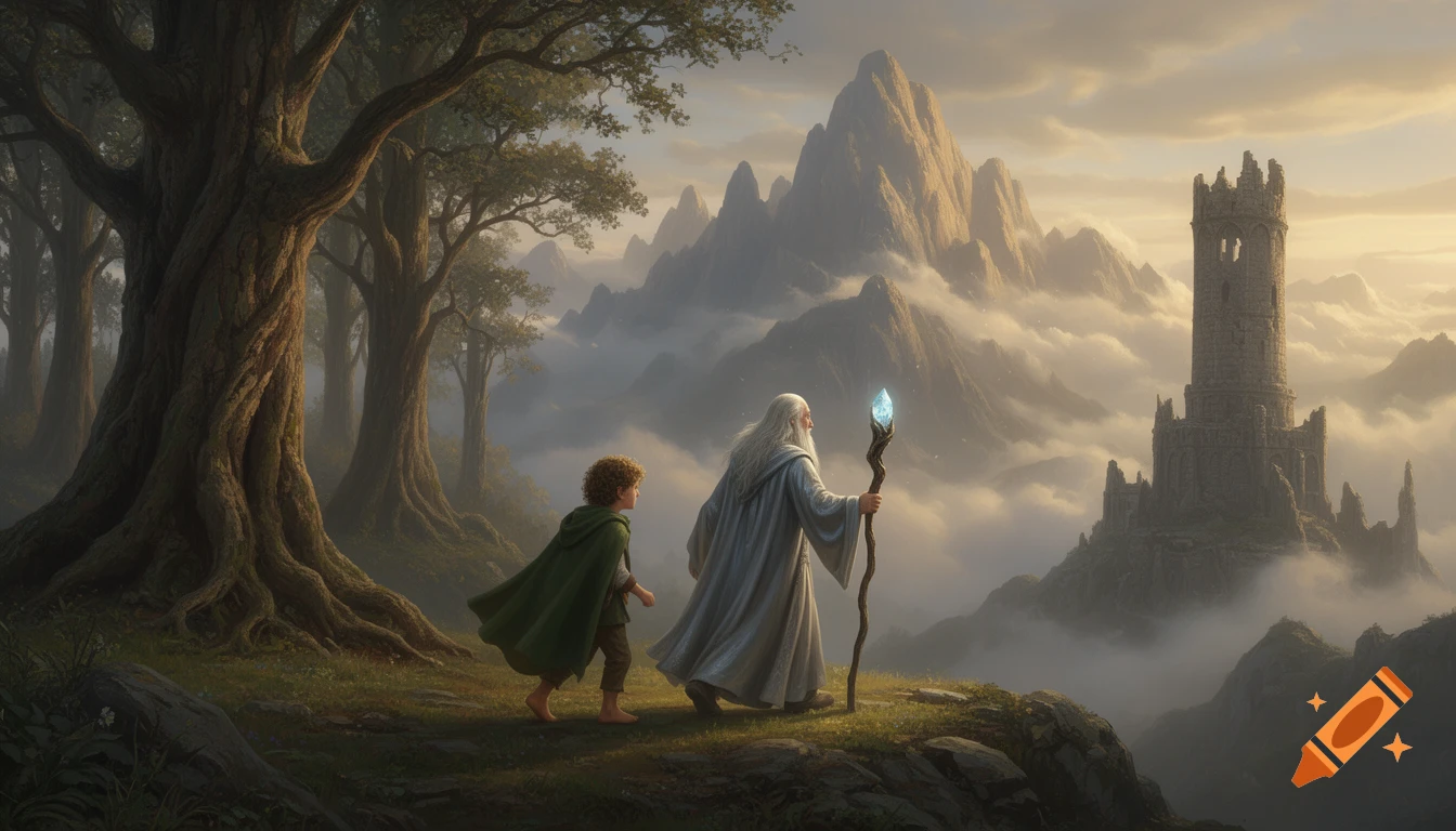 A hobbit and a wizard look out over misty, mountainous Middle-earth with an ancient forest and a ruined stone tower at sunset.