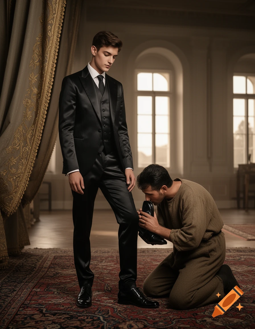 A young man in a black suit stands looking down, while another man kneels to kiss his shoe in a grand room.