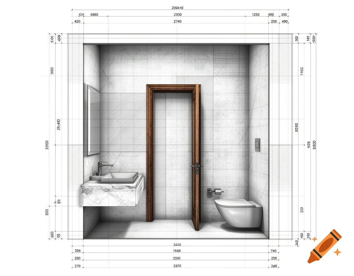 A blueprint-style architectural drawing of a modern bathroom with a sink, toilet, and open door.
