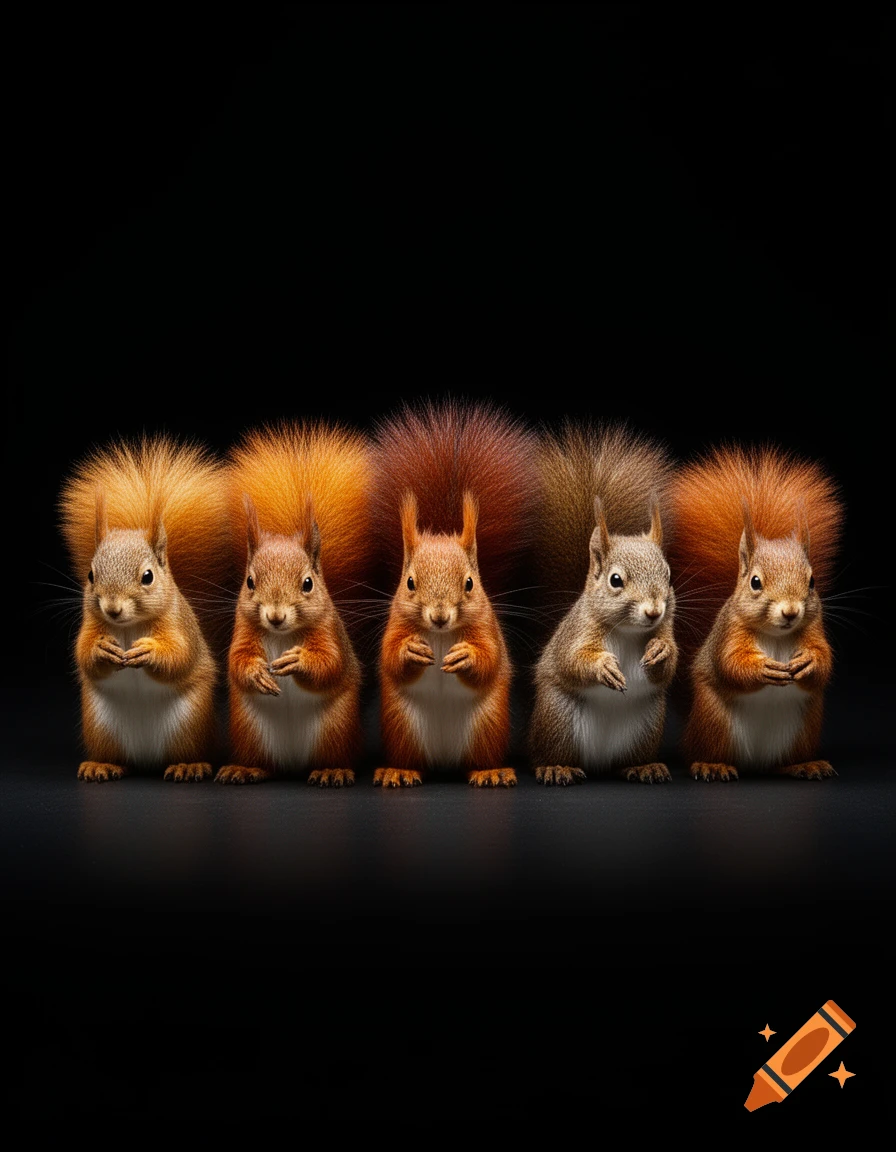 Five cute photorealistic squirrels sit in a row on a solid black background, holding their paws to their chests.