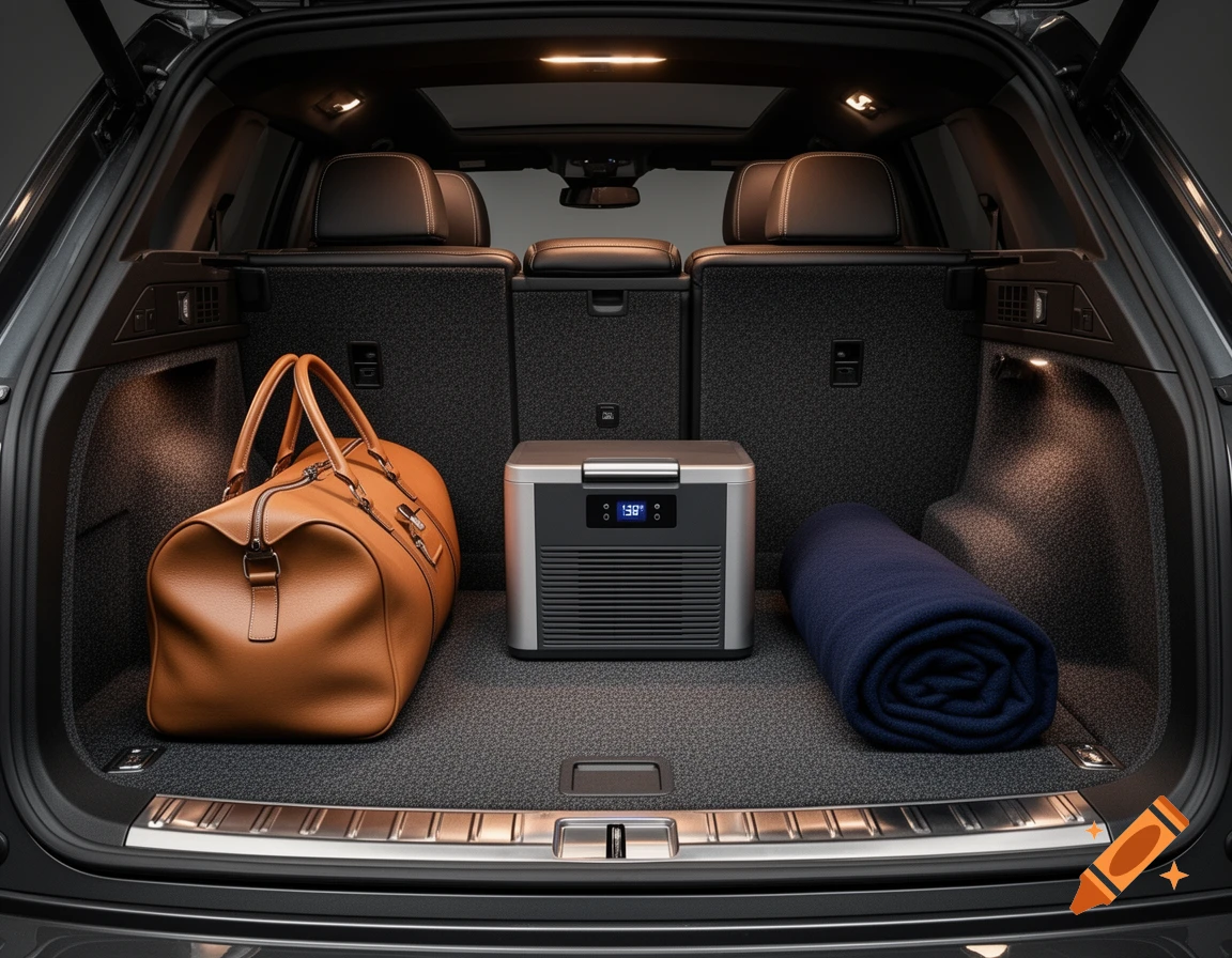 The open trunk of an SUV contains a brown duffel bag, a grey cooler with a digital display, and a rolled blue blanket on a dark carpet.