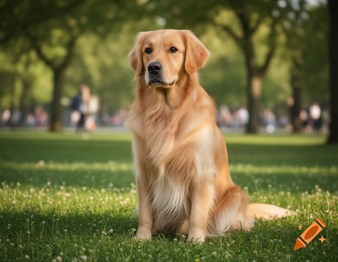 A photorealistic Golden Retriever dog sitting on green grass in a sunny park with trees in the background.