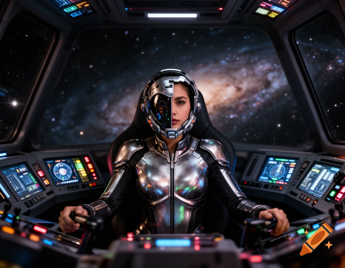 A woman in a futuristic silver and black suit and partially open helmet pilots a spaceship, with a galaxy visible through the cockpit window.