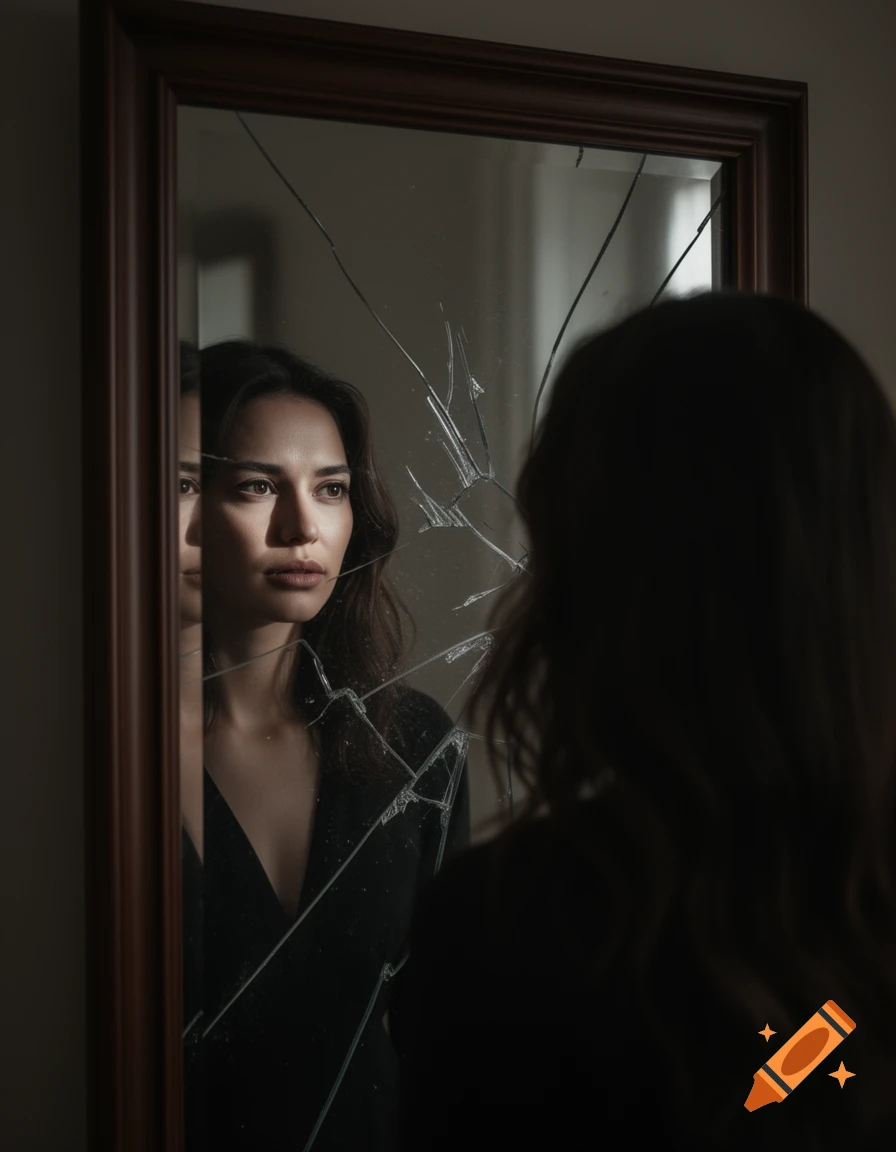A woman with dark hair gazes at her reflection in a broken mirror, illuminated by light.