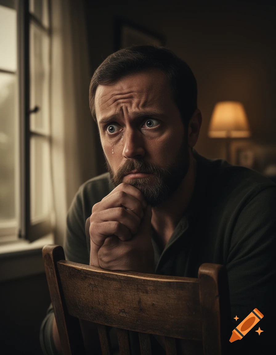 A distressed bearded man with wide blue eyes, a tear rolling down his cheek, rests his clasped hands on a wooden chair.