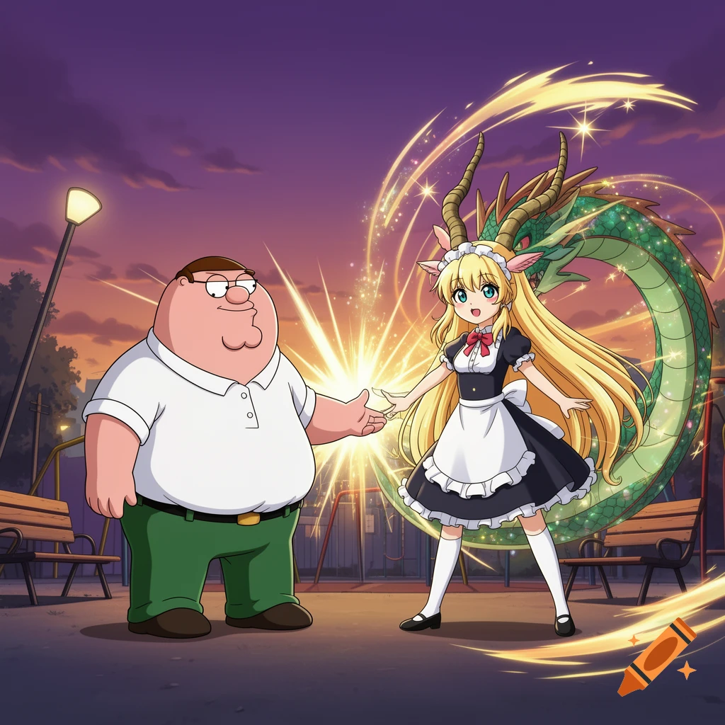 Peter Griffin stands next to an anime girl in a maid outfit with horns and a large green dragon with glowing effects in a park at sunset.