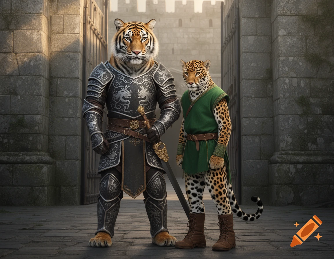 A tiger in armor with a sword hilt stands beside a jaguar in a green tunic and brown boots, outside a medieval stone city gate.