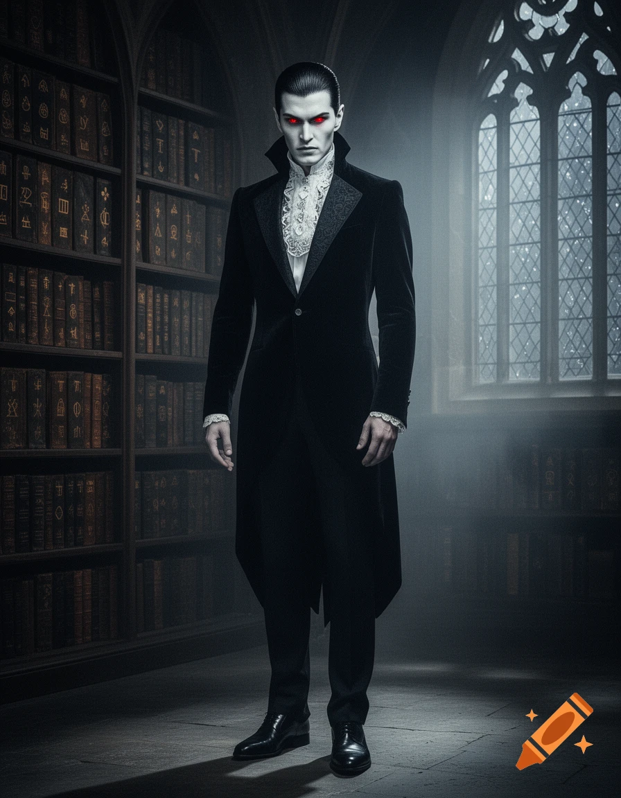 A pale man with red eyes, dressed as a vampire in a black coat and white ruffled shirt, stands in a gothic library.