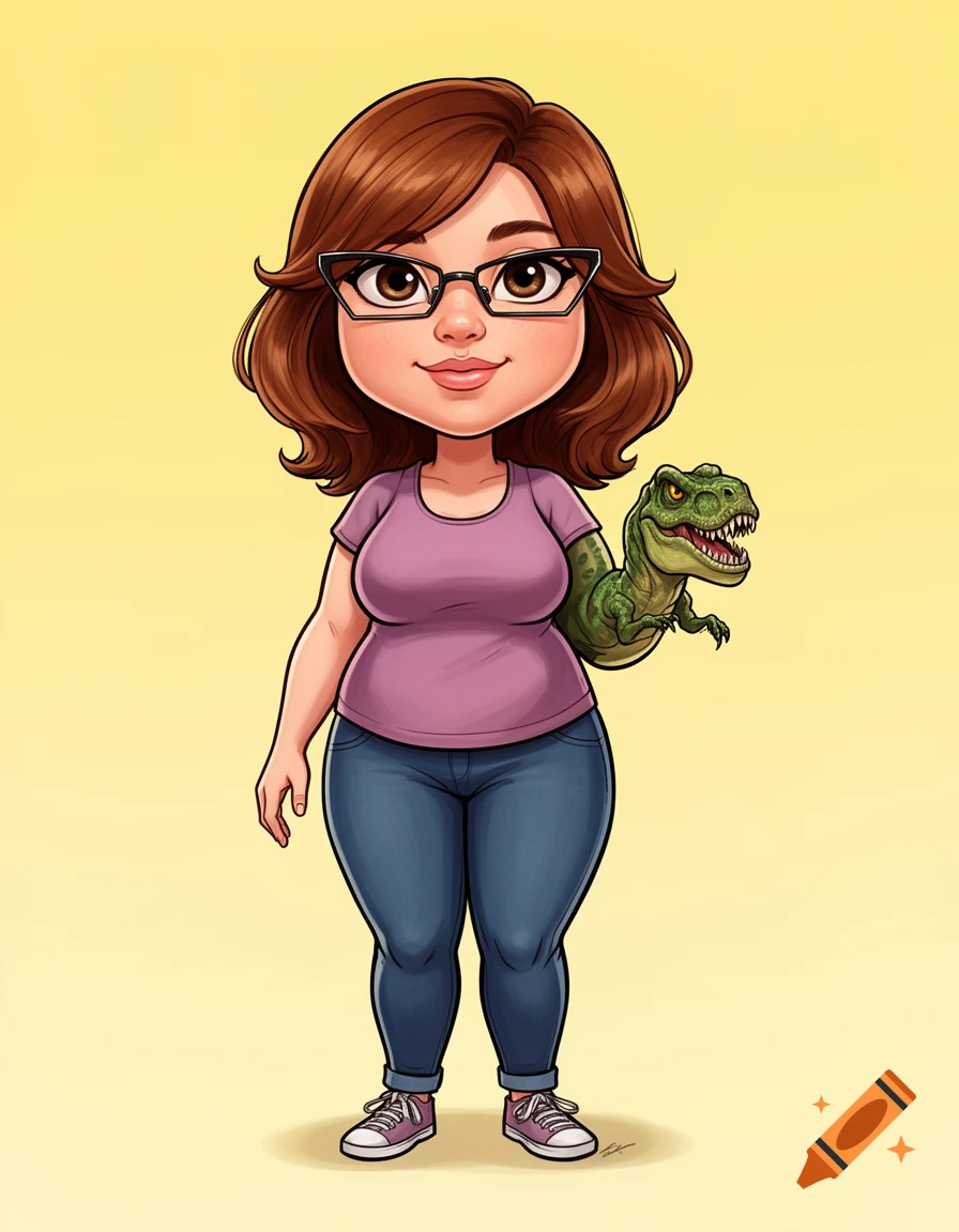 A cheerful cartoon woman with brown hair and glasses, wearing a purple shirt and blue jeans, stands with a T-Rex arm on her left side and a human right arm.