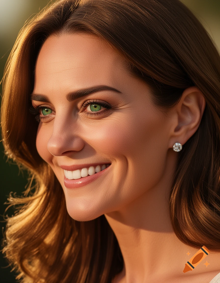Photorealistic close-up of Kate Middleton, with brown hair and green eyes, smiling warmly while looking to the side in golden hour sunlight.